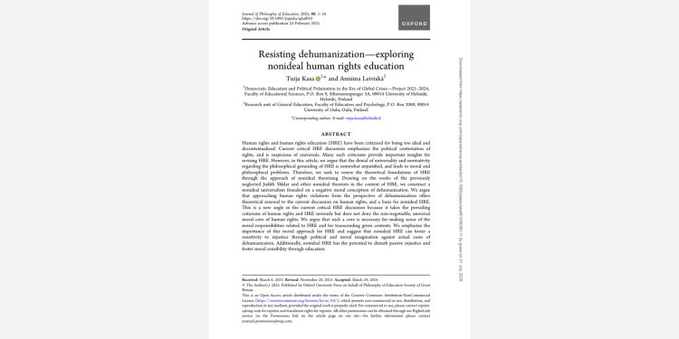 Article Introduction: “Resisting Dehumanization—Exploring Nonideal Human Rights Education” by Tuija Kasa and Anniina Leiviskä 1 Article Introduction: “Resisting Dehumanization—Exploring Nonideal Human Rights Education” by Tuija Kasa and Anniina Leiviskä